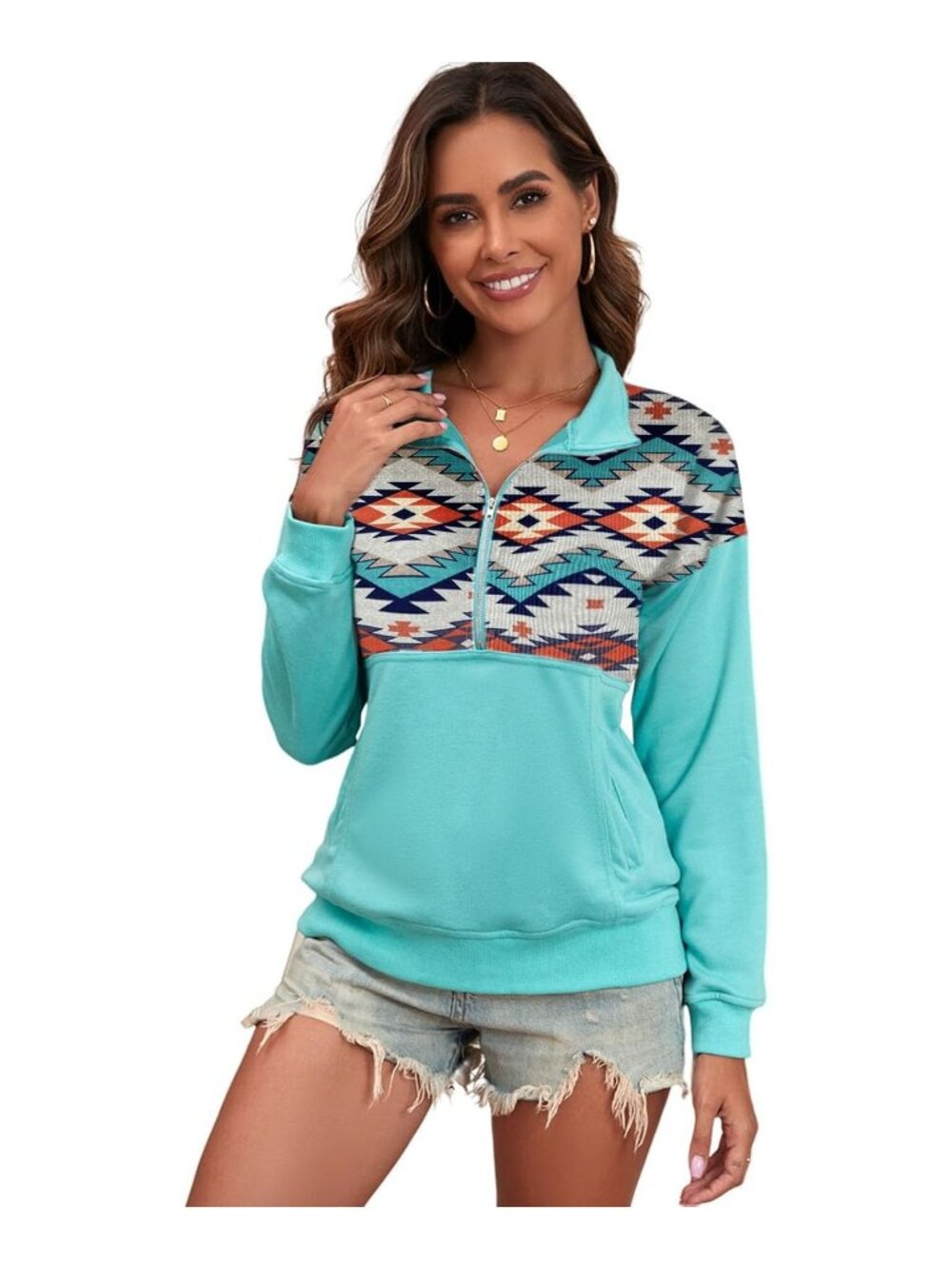 Women's Sky Blue L, XL Casual Aztec Geometric Half Zip Long Sleeve Collar Pullov